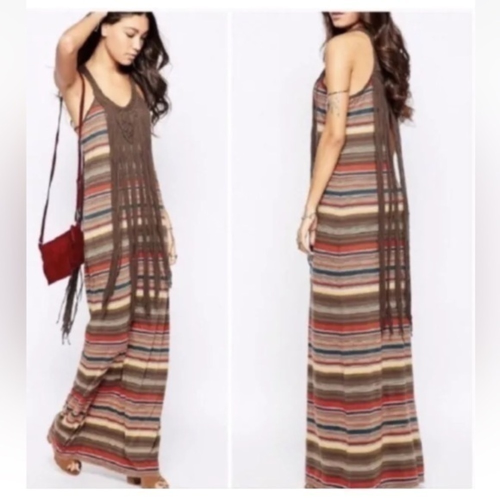 Boho Striped Maxi Dress with Fringe Accent - Brown Multi